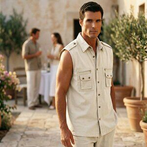 International Male Mens Medium Tan Safari Sleeveless Button Shirt Trucker Rare